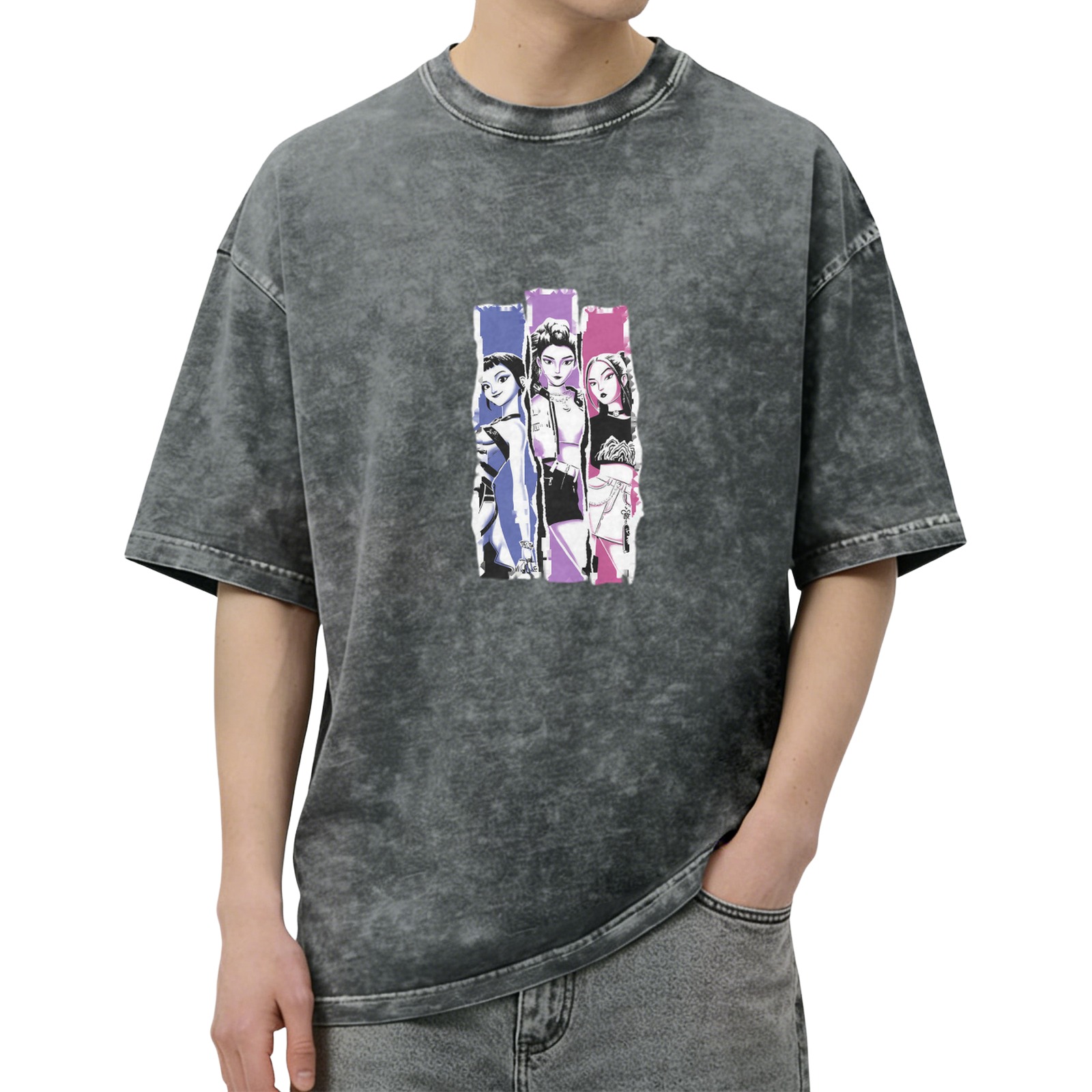 Oversized Acid Wash T-Shirt With Three Anime Girl Graphic Print