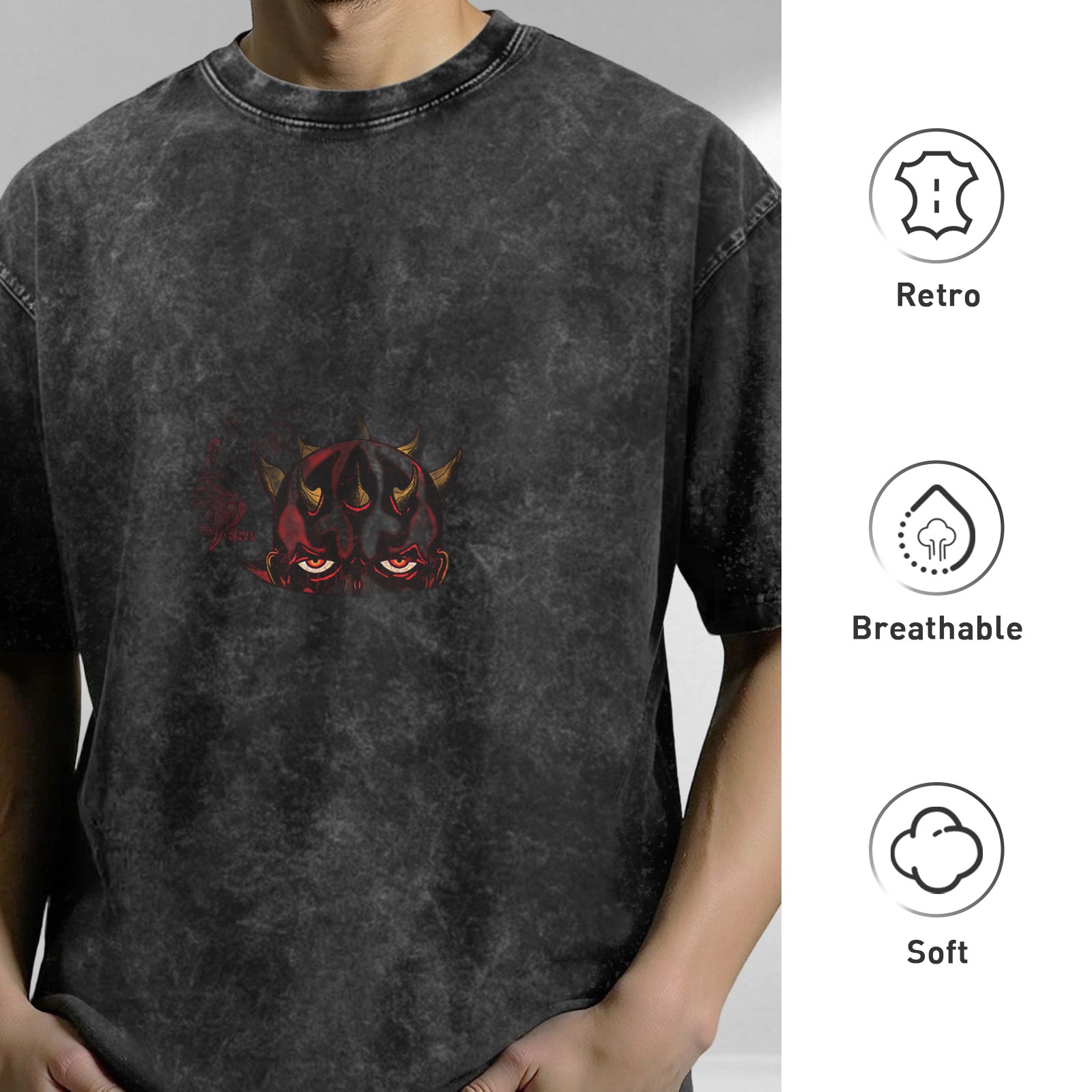Oni Demon Face Print Oversized Acid Wash T-Shirt