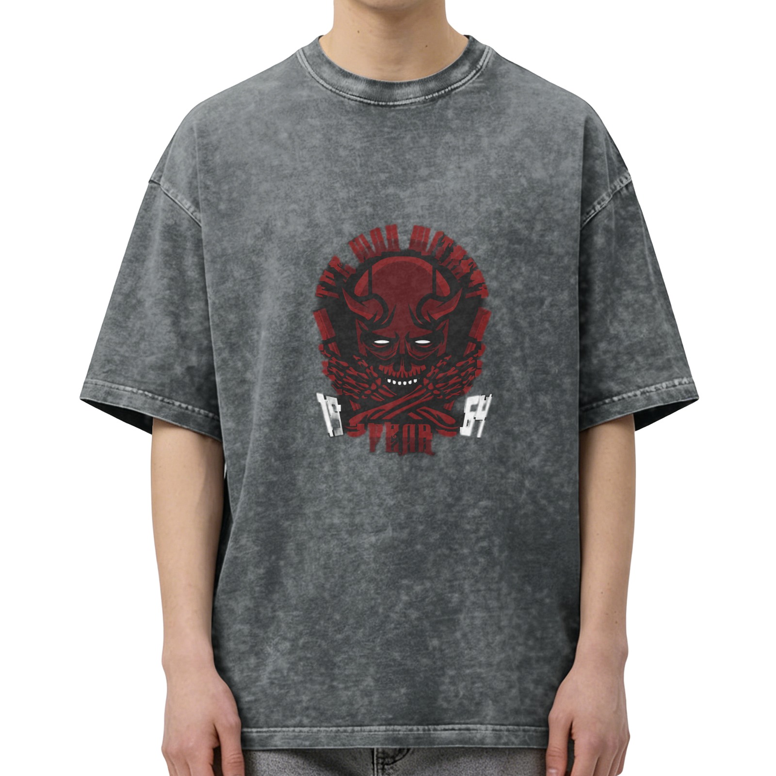 Oversized Acid Wash T-Shirt With Red Demon Skull Graphic