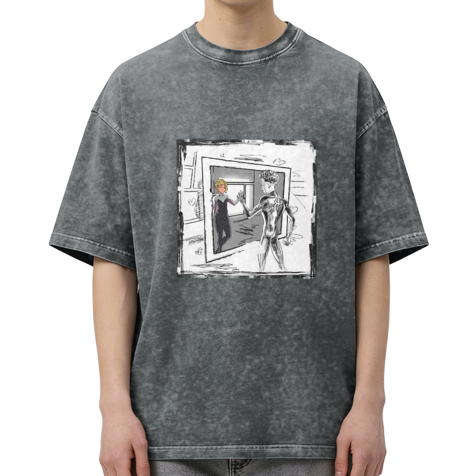 Oversized Stonewashed T-Shirt With Spider Gwen And Miles Art Print