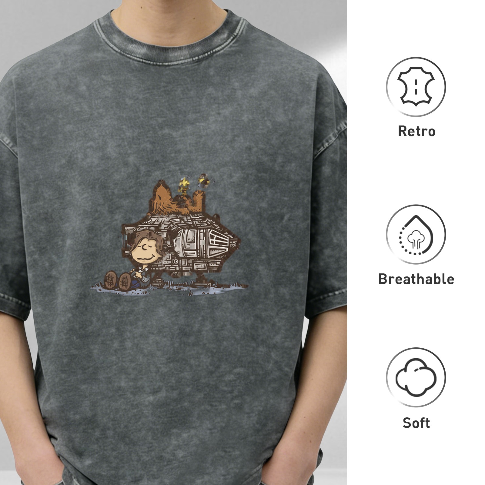 Distressed washed black short-sleeved T-shirt, co-branded Peanuts comic Star Wars themed print, casual loose round neck top