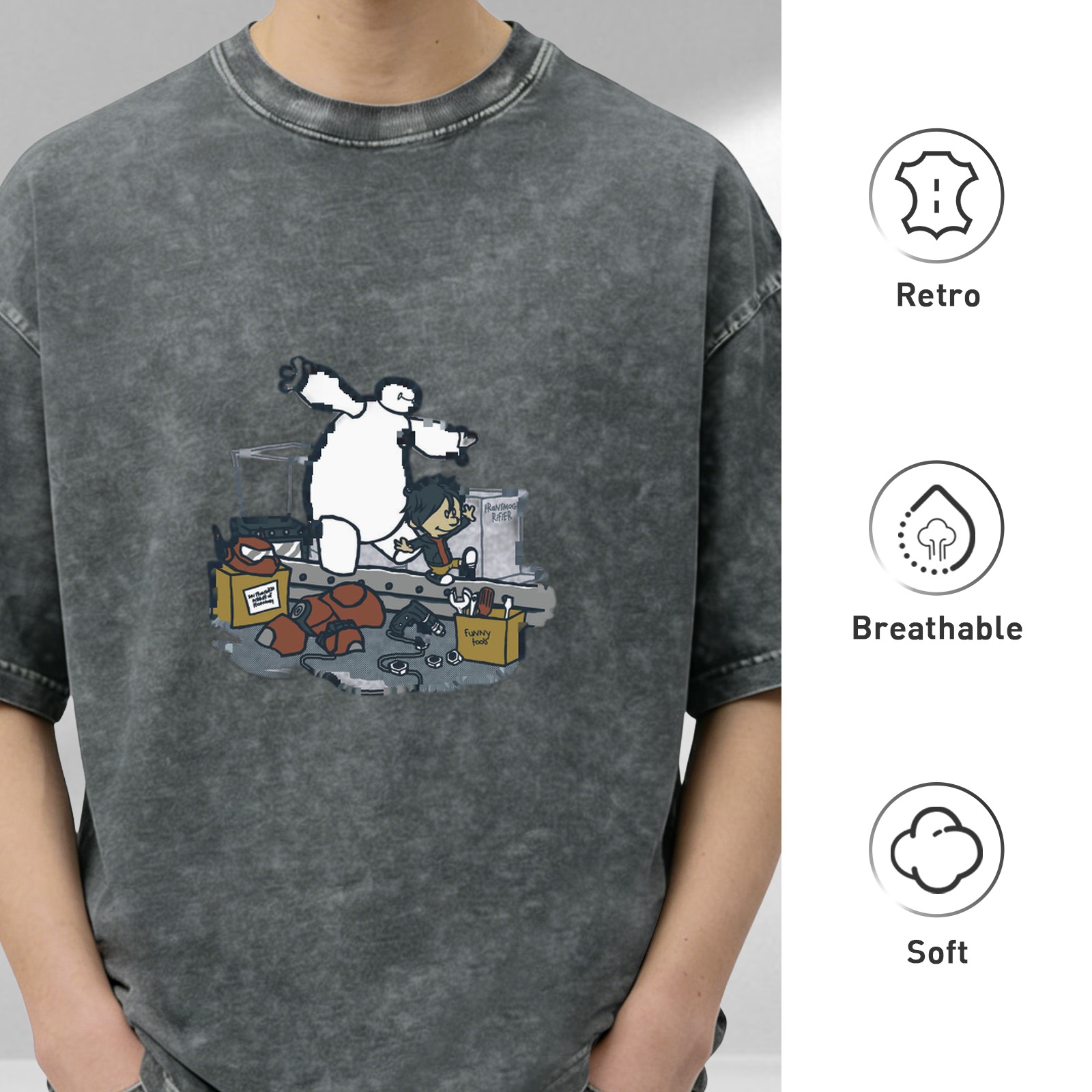 Washed graphic t-shirt with Baymax and Hiro Hamada design
