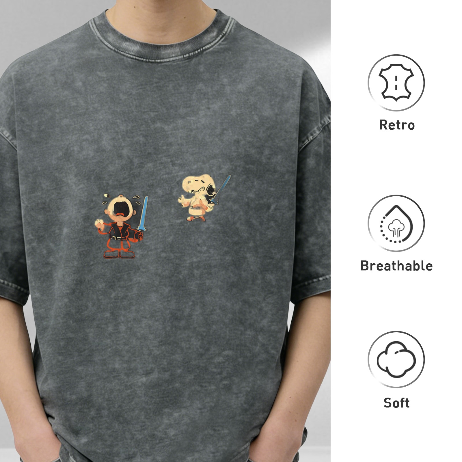 Washed black graphic t-shirt with Charlie Brown and Snoopy Jedi designs