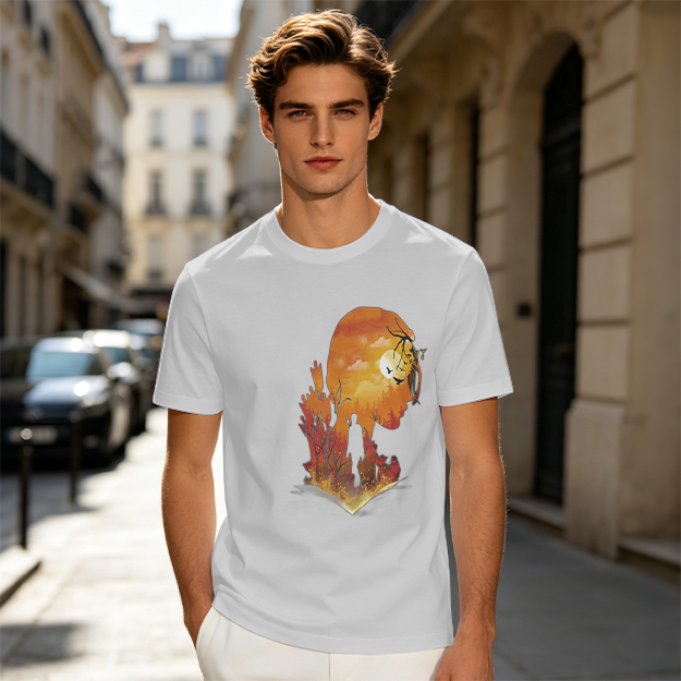 Olive T-Shirt with Sunset Lion Silhouette Graphic Print