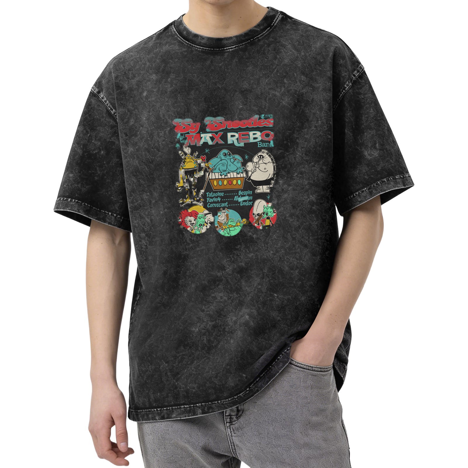 Retro washed black short-sleeved T-shirt Star Wars themed Max Rebo band printed distressed top