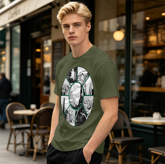 Olive Green T-Shirt With Circular Fantasy Landscape Art Print