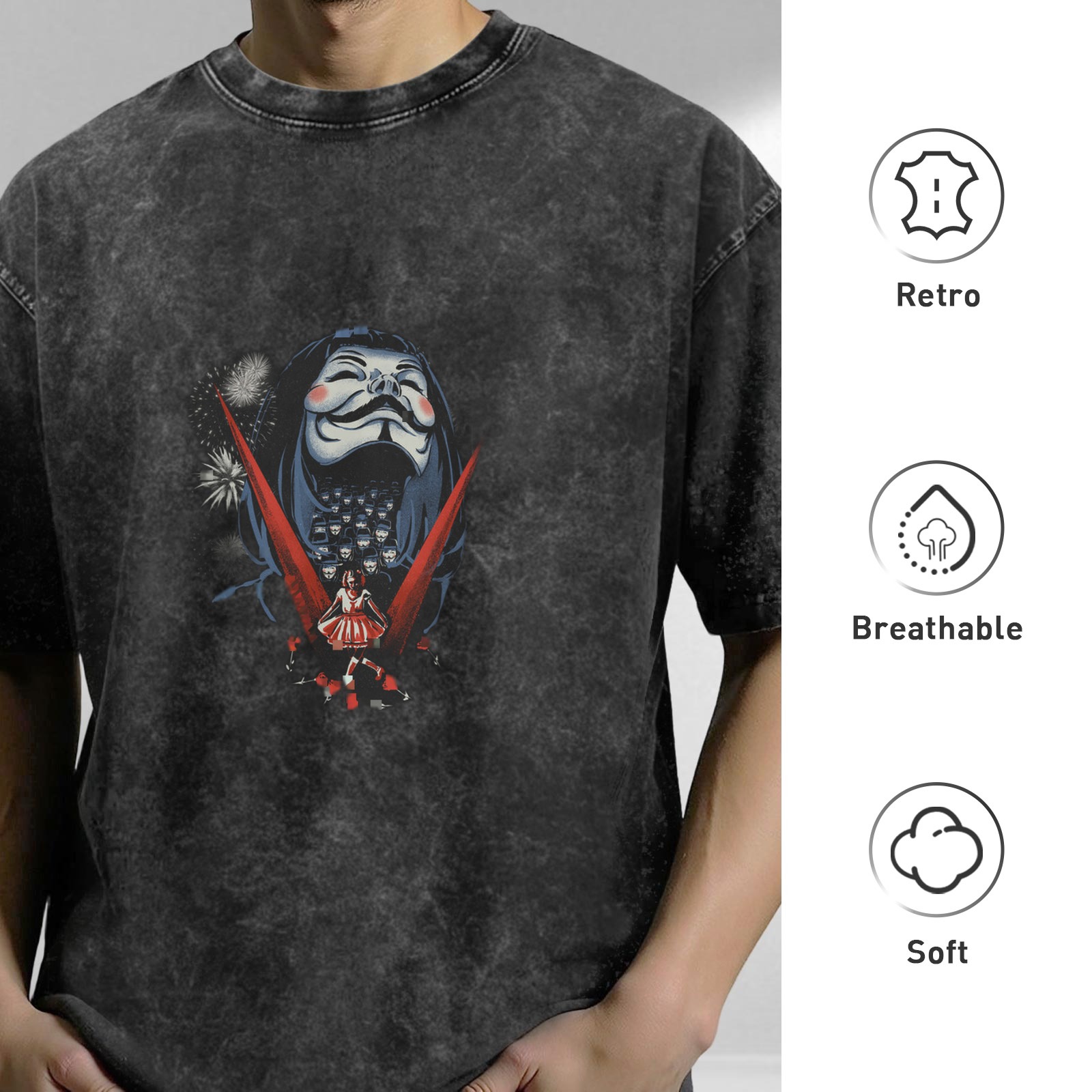 Washed Graphic T-Shirt With Anonymous Mask And Fireworks Print