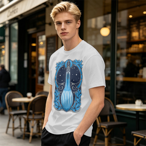 Olive T-Shirt With Art Nouveau Celestial Lute Graphic Print