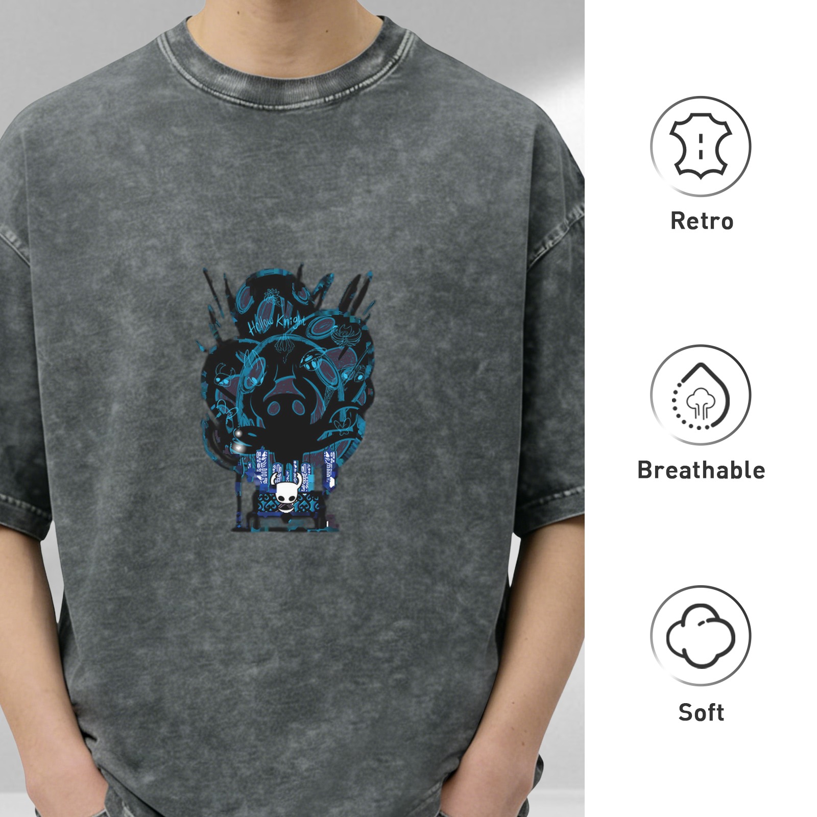Oversized Washed Black T-Shirt with Hollow Knight Graphic Print
