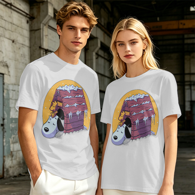 Olive T-shirt with Snoopy and Woodstock at snow-covered doghouse