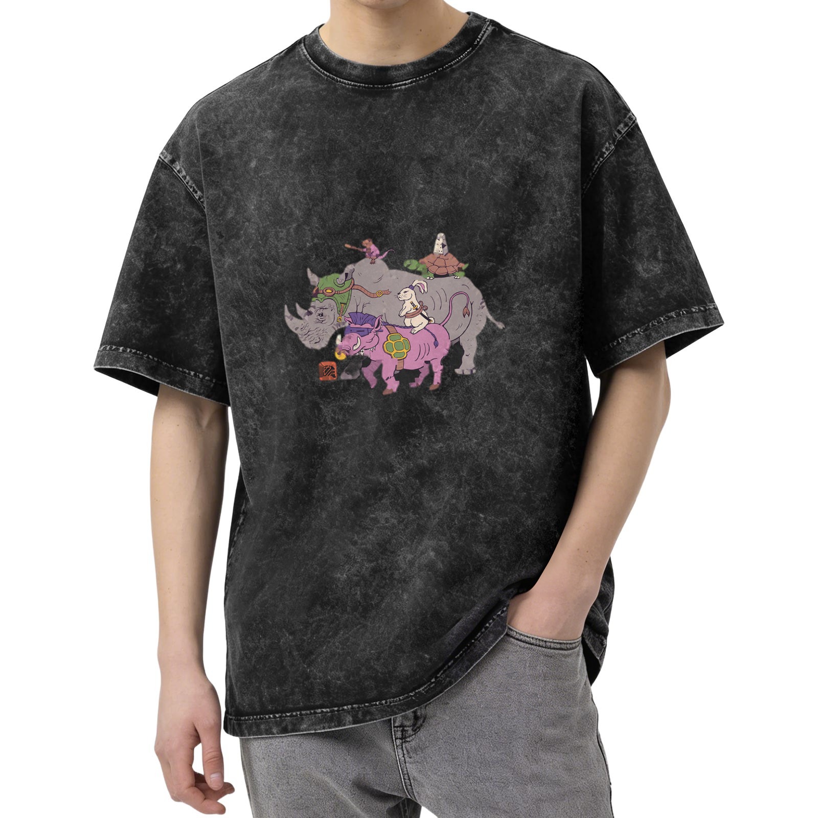 Washed black graphic t-shirt with fantasy animal characters print