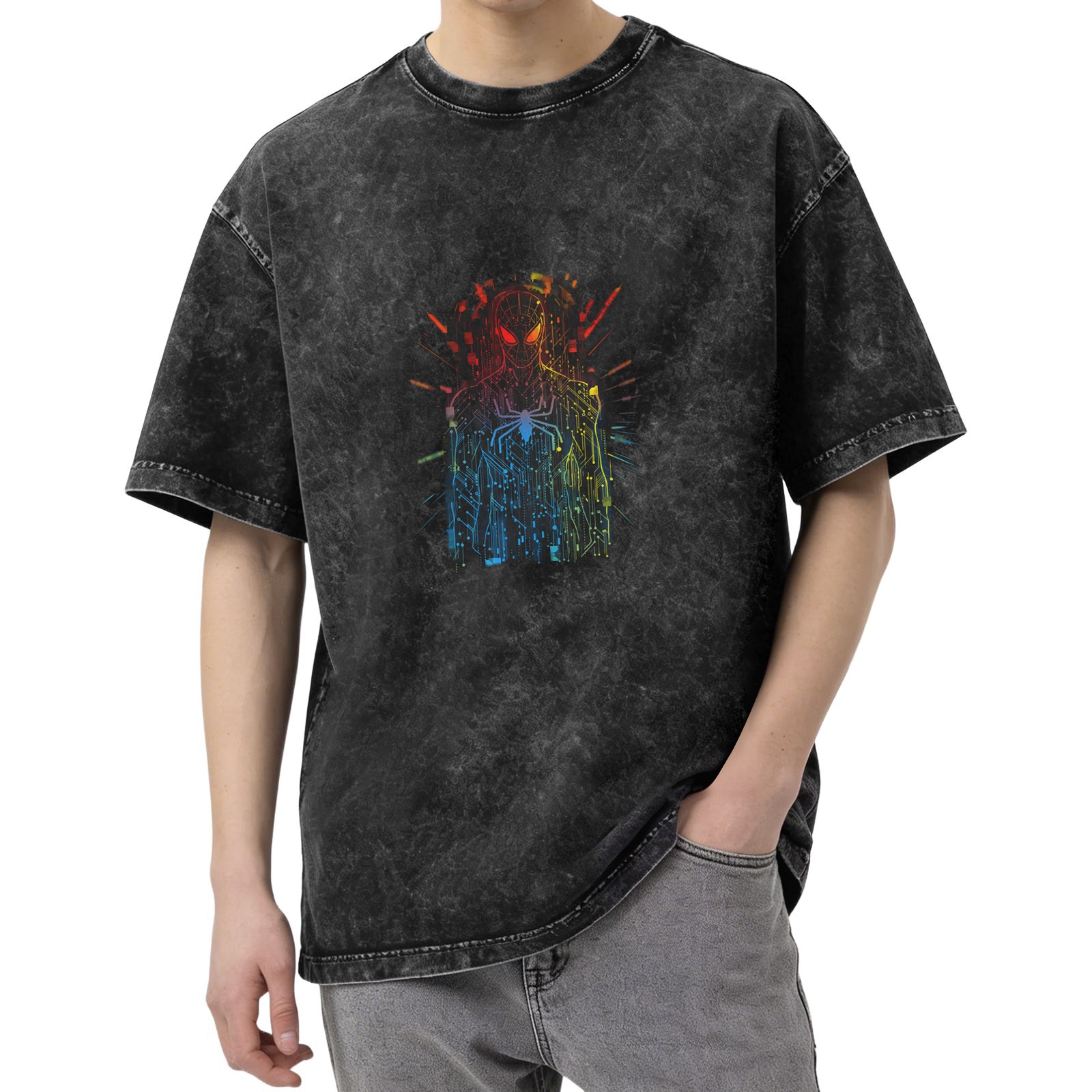 Washed Black Oversized T-Shirt with Neon Spider-Man Circuit Design