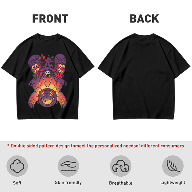 Olive T-Shirt With Halloween Three-Headed Witch And Jack-O'-Lantern Print
