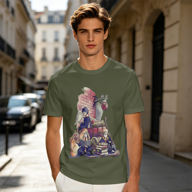 Olive T-shirt with Harry Potter Platform 9 3/4 Character Art