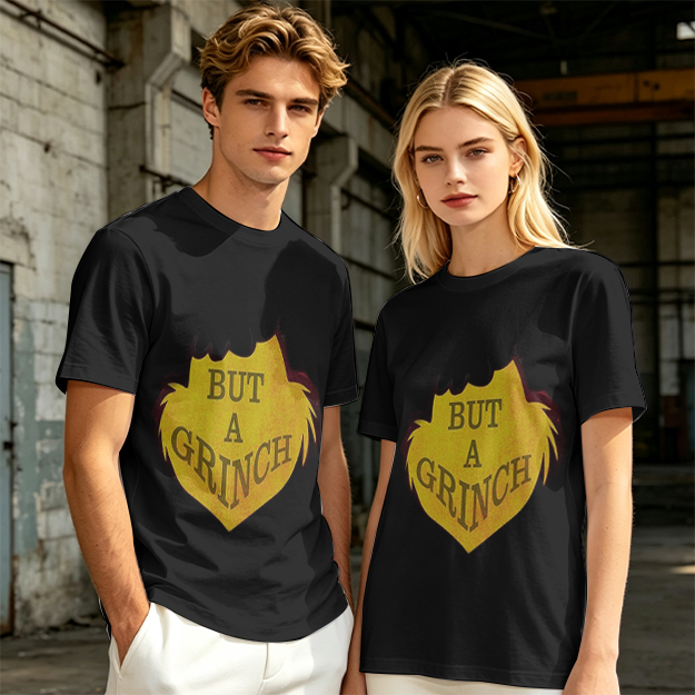 Olive green t-shirt with 'But A Grinch' graphic print