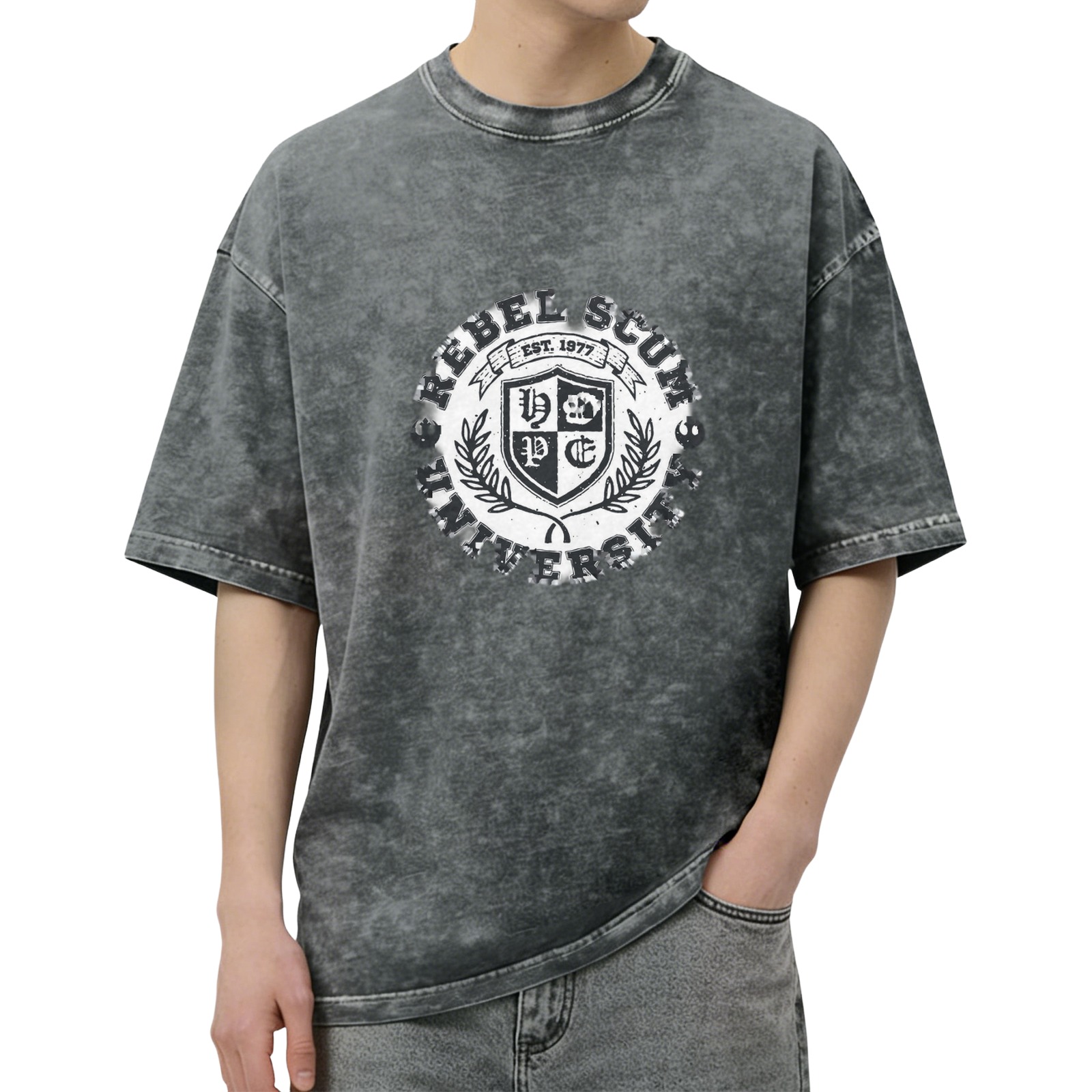 Washed Black Graphic T-Shirt With Rebel Scum University Crest Design