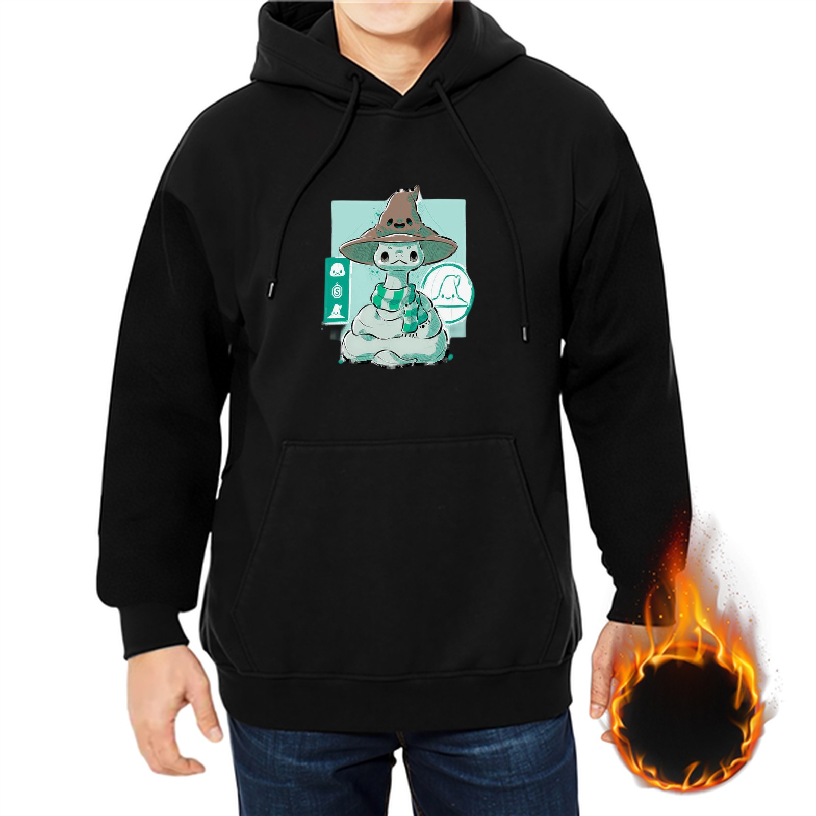 Black hoodie with cute wizard snake graphic design