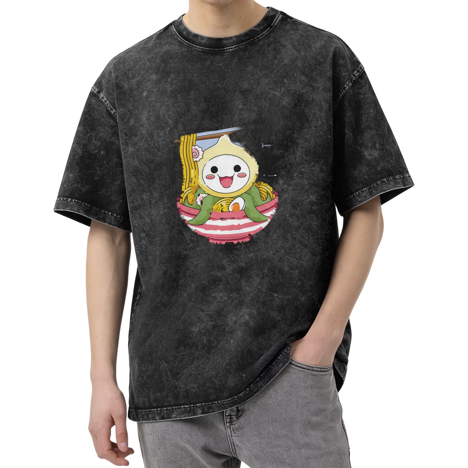oversized acid wash t-shirt with cute octopus ramen graphic