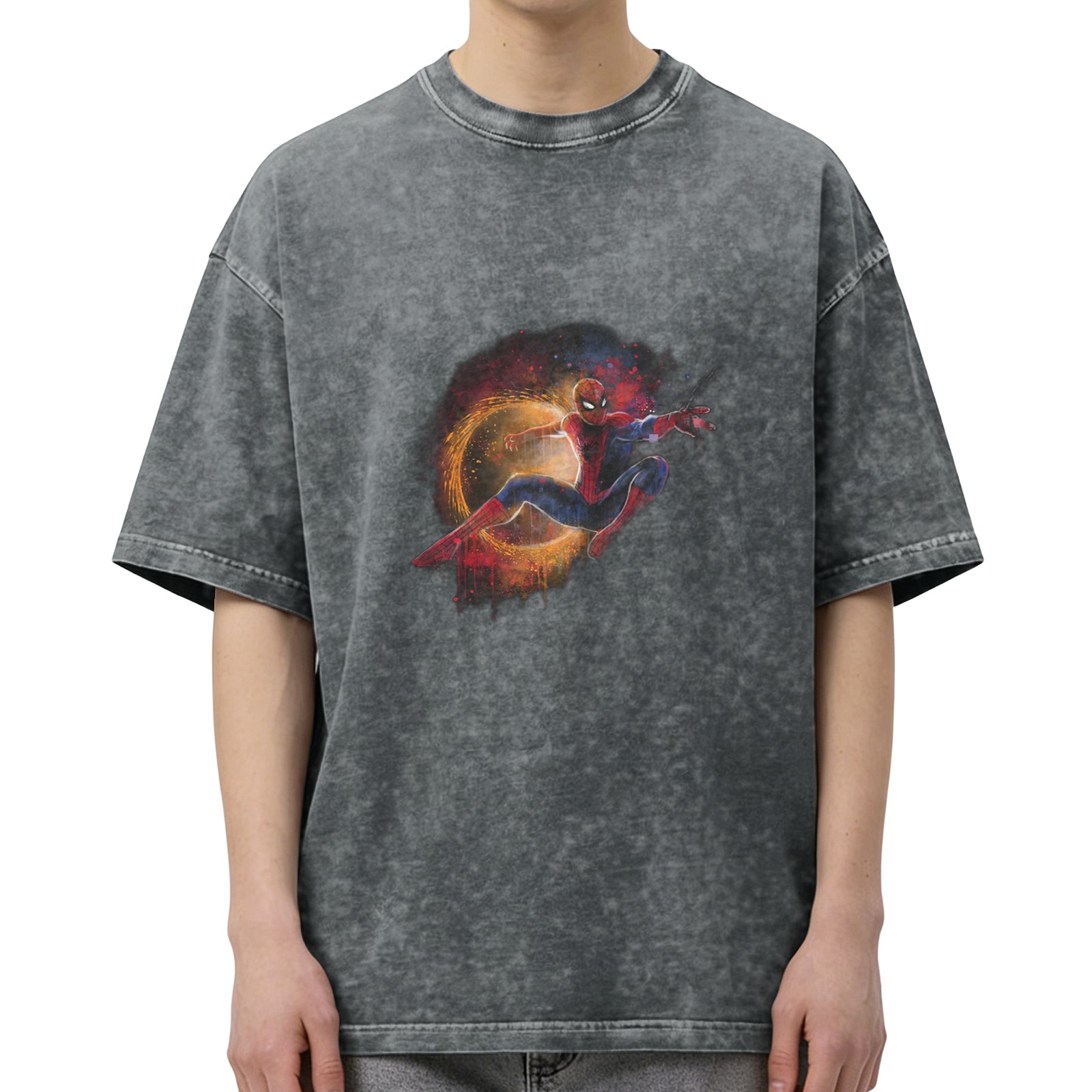 Oversized Acid Wash T-Shirt with Spider-Man Graphic Print