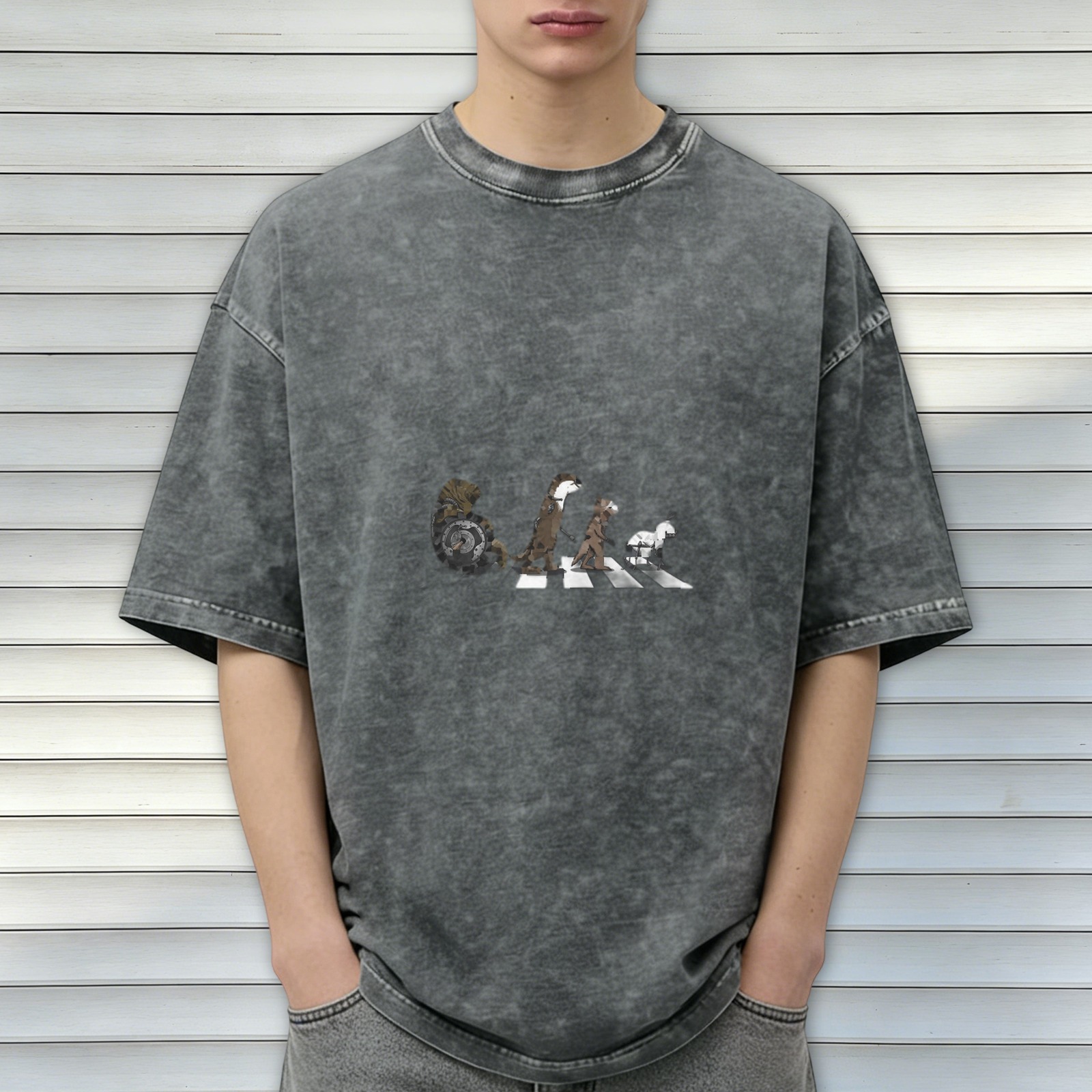 Oversized Acid Wash T-Shirt With Animal Abbey Road Style Graphic