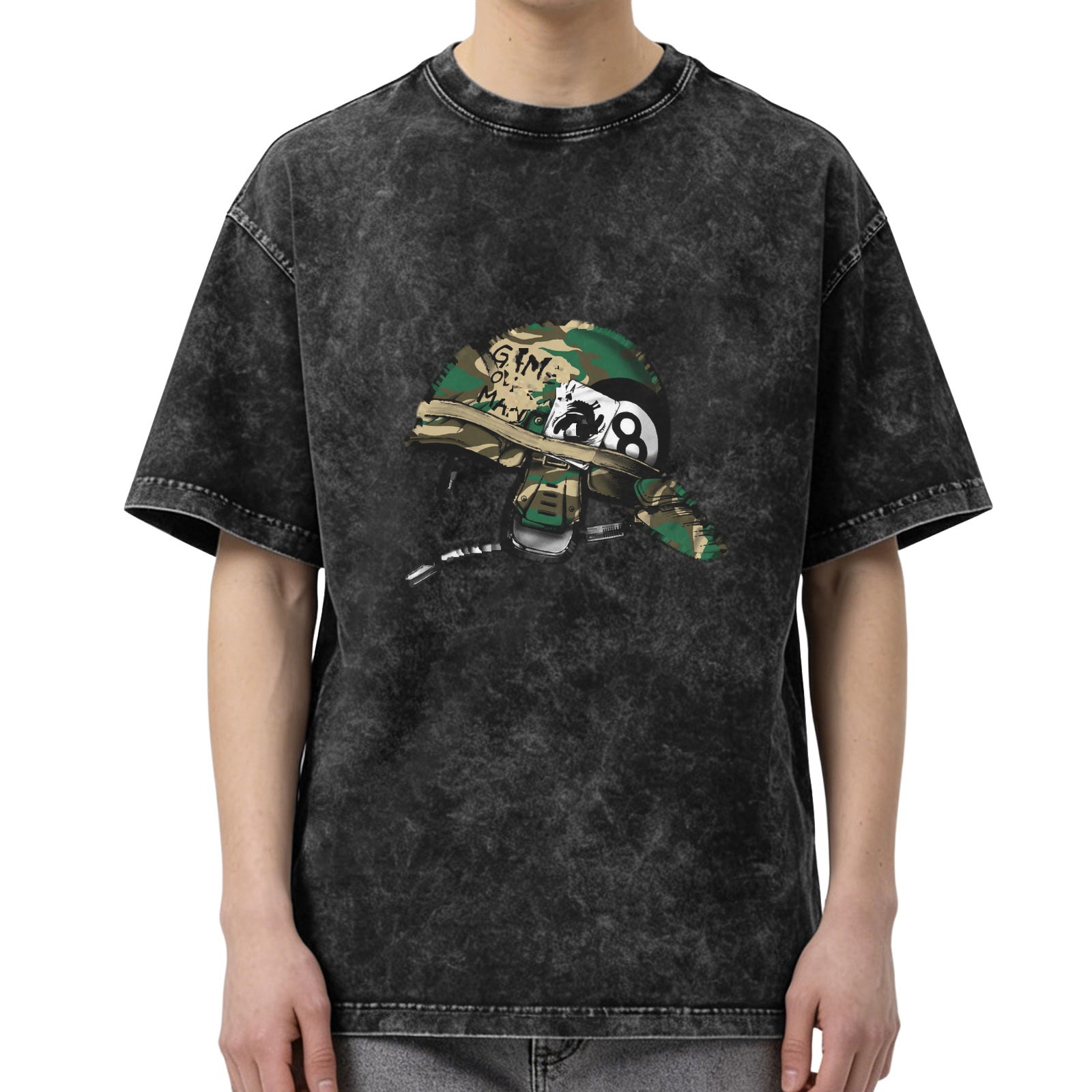 Oversized Acid Wash T-Shirt With Camo 8-Ball Graphic Print