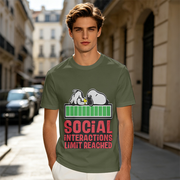 Olive t-shirt with Snoopy 'Social Interactions Limit Reached' print