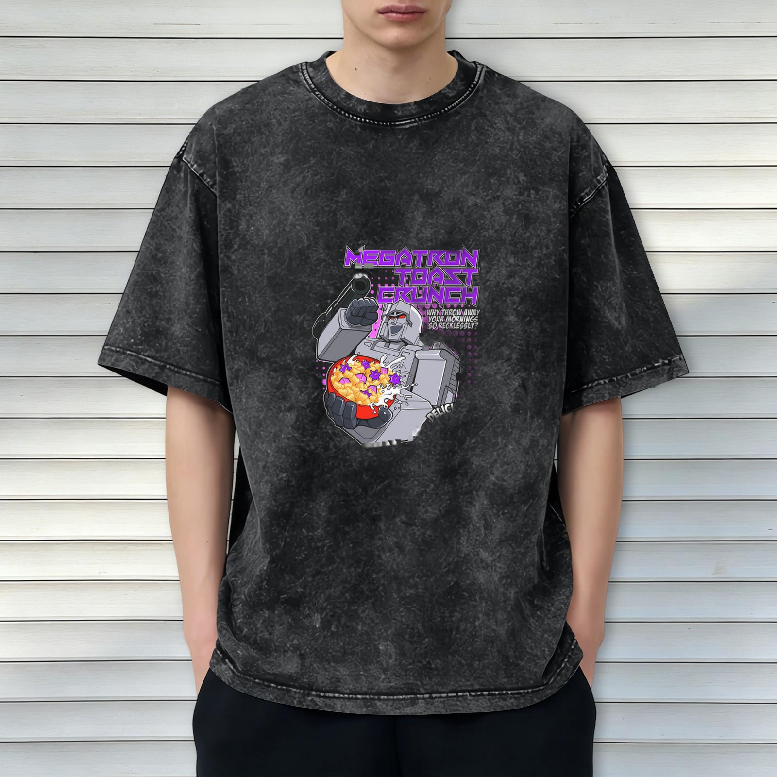 Oversized Acid Wash T-Shirt with Megatron Toast Crunch Graphic