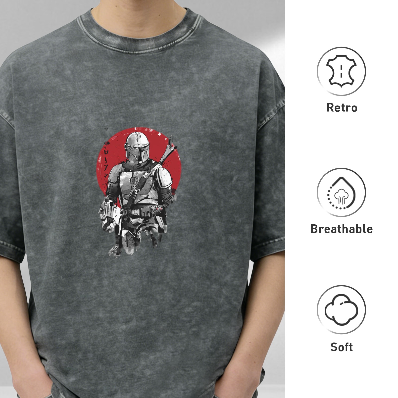 Washed Black T-Shirt With Mandalorian Warrior Red Circle Graphic