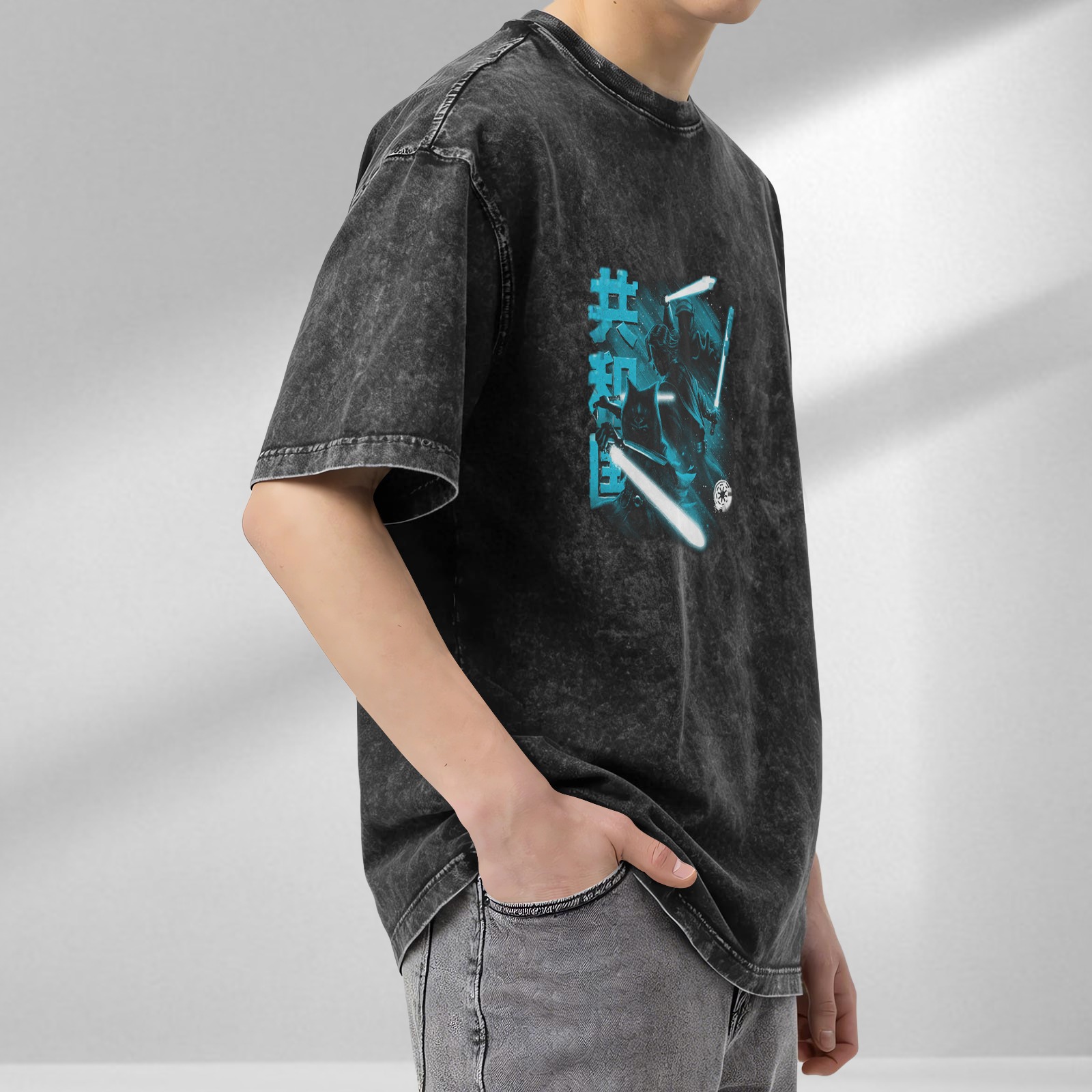 Star Wars Jedi Lightsaber Graphic Acid Wash Cotton T-Shirt