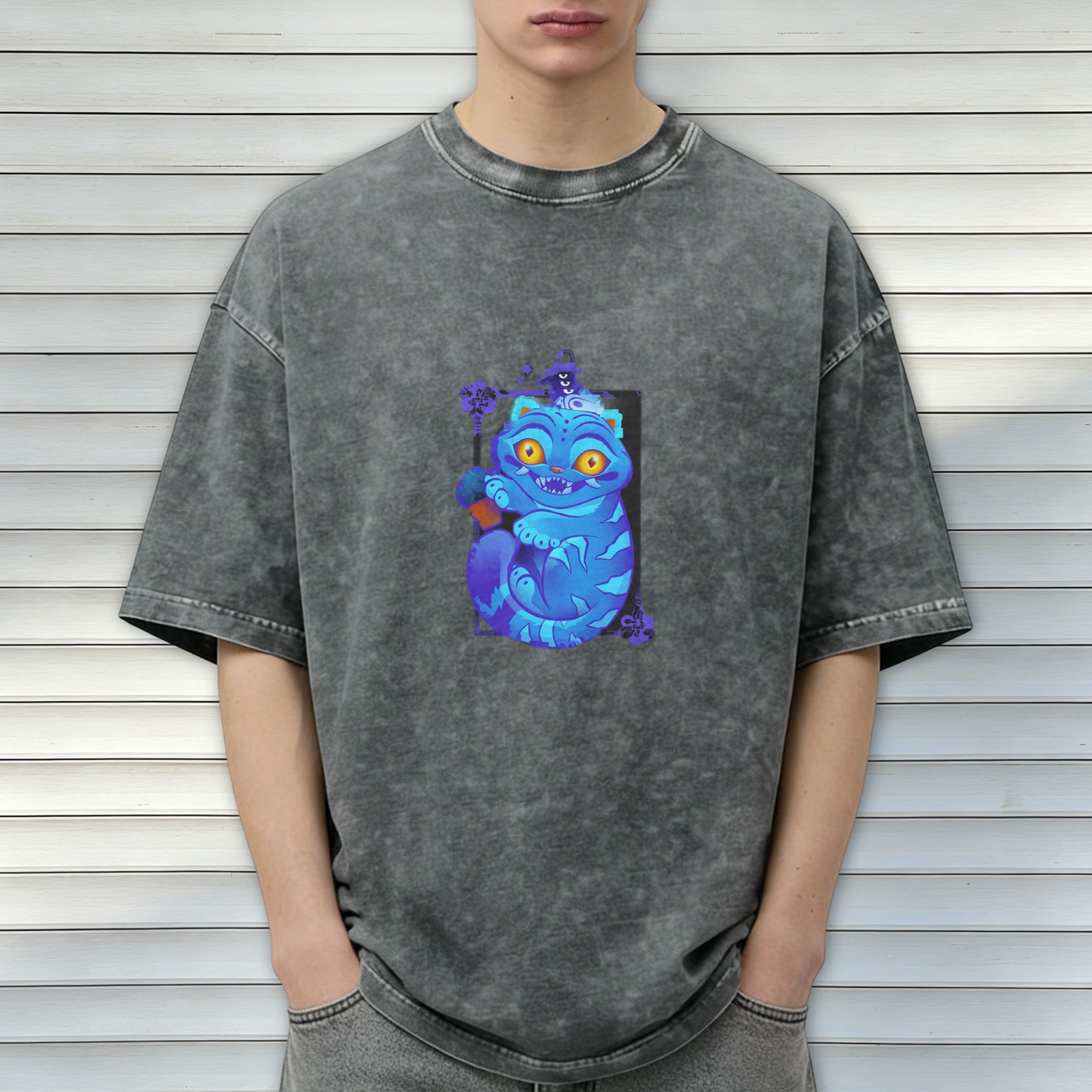 Distressed black loose short-sleeved T-shirt Cheshire cat cartoon print personalized trendy casual top