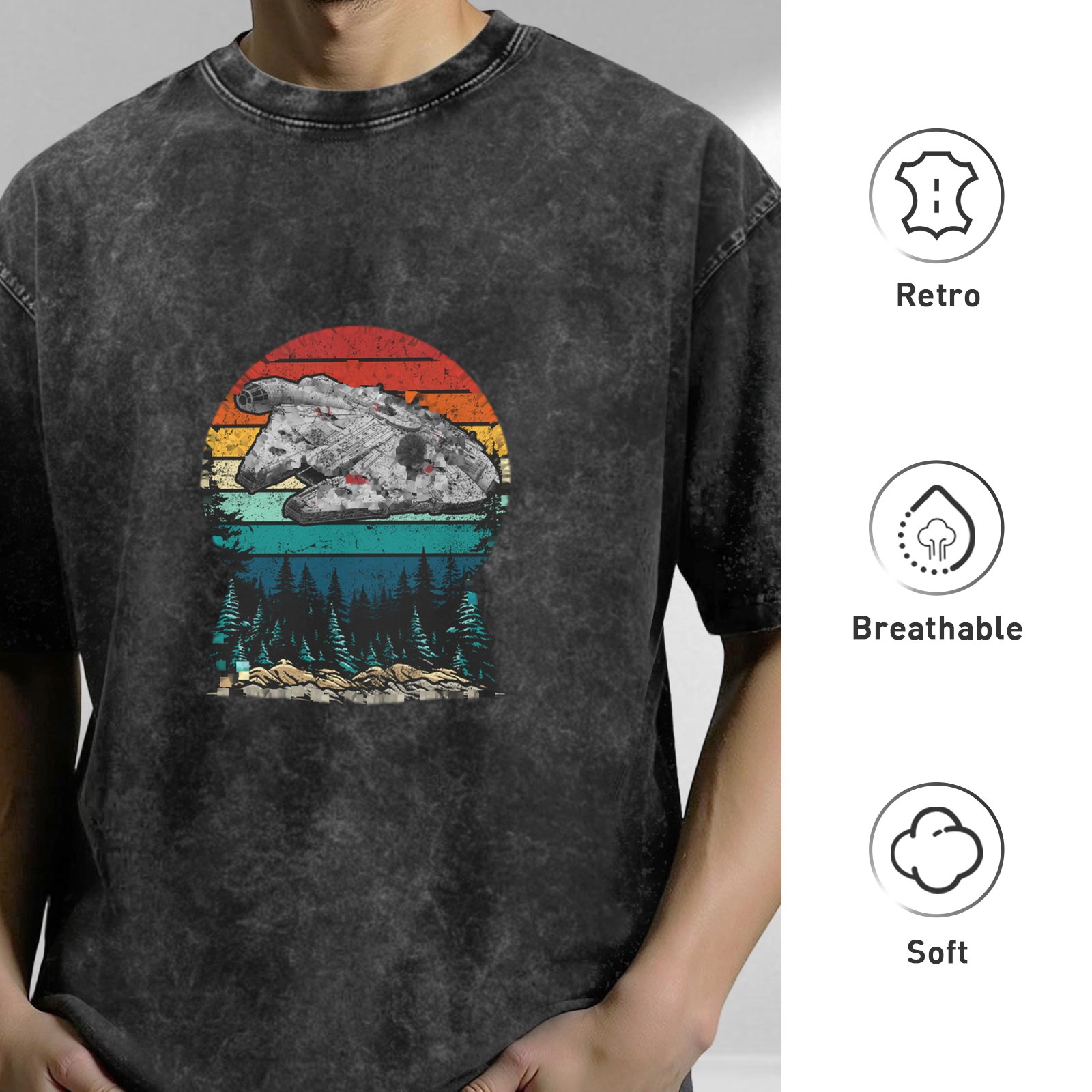 Vintage Washed Black T-Shirt with Retro Sunset Spaceship Forest Graphic