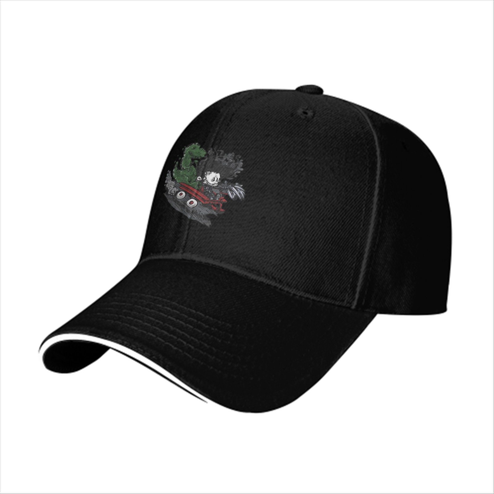Black baseball cap with anime villain graphic print