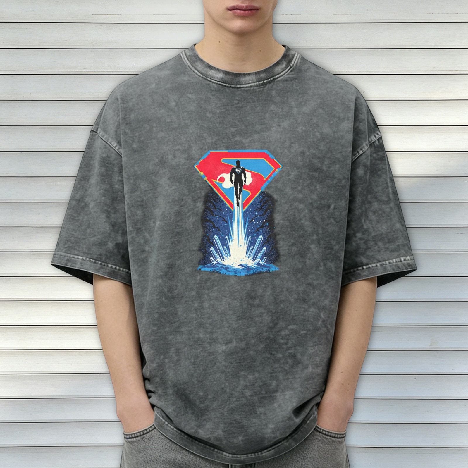 Washed Black T-Shirt with Superman Flying From Water Graphic
