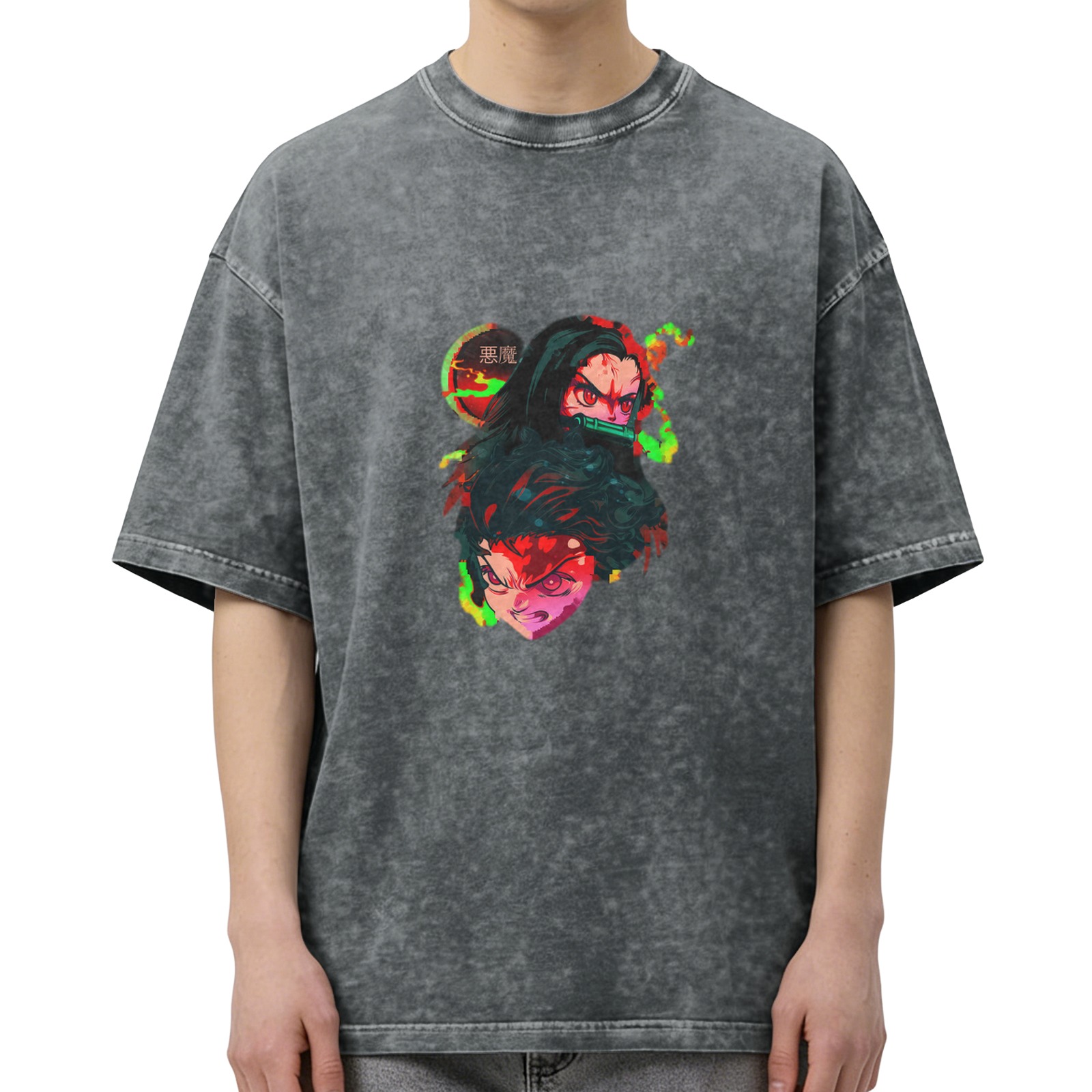 Demon Slayer themed distressed washed black loose short-sleeved T-shirt