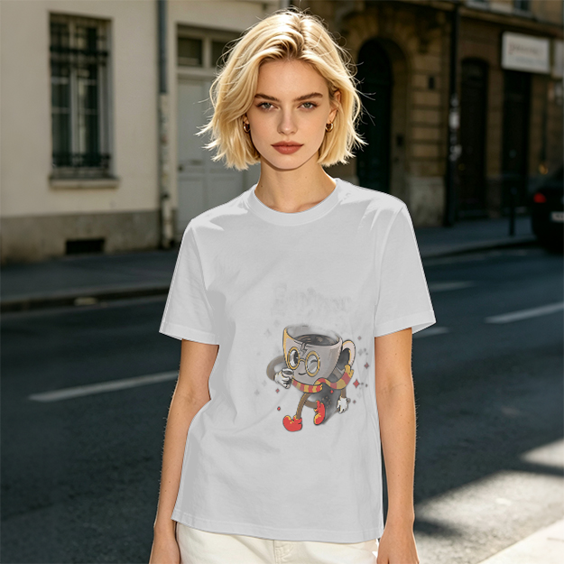 Olive T-Shirt With Wizard Coffee Cup Cartoon Print