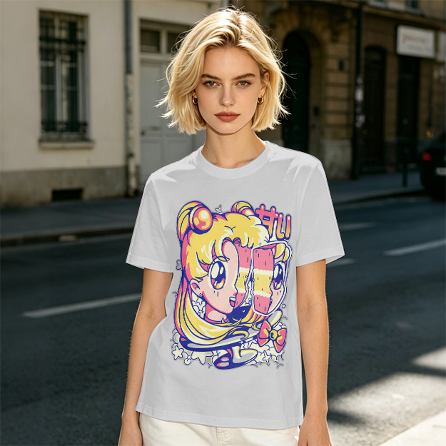 Olive T-Shirt With Glitch Anime Girl Graphic Print
