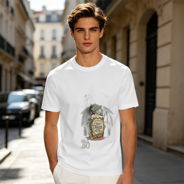 Olive Green T-Shirt with Dragon Beer Mug Graphic Print