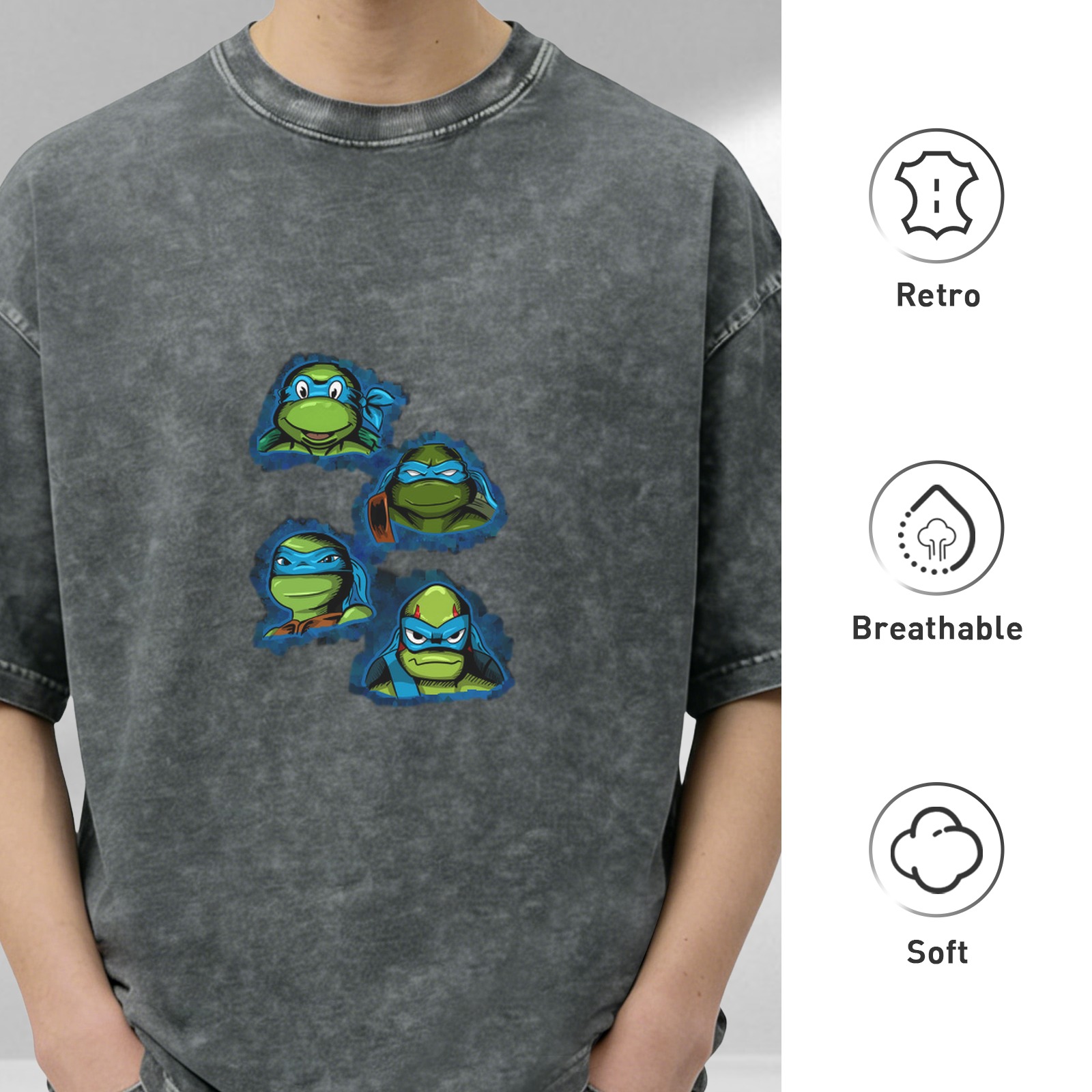 Washed Black T-Shirt With Four Leonardo Ninja Turtle Portraits