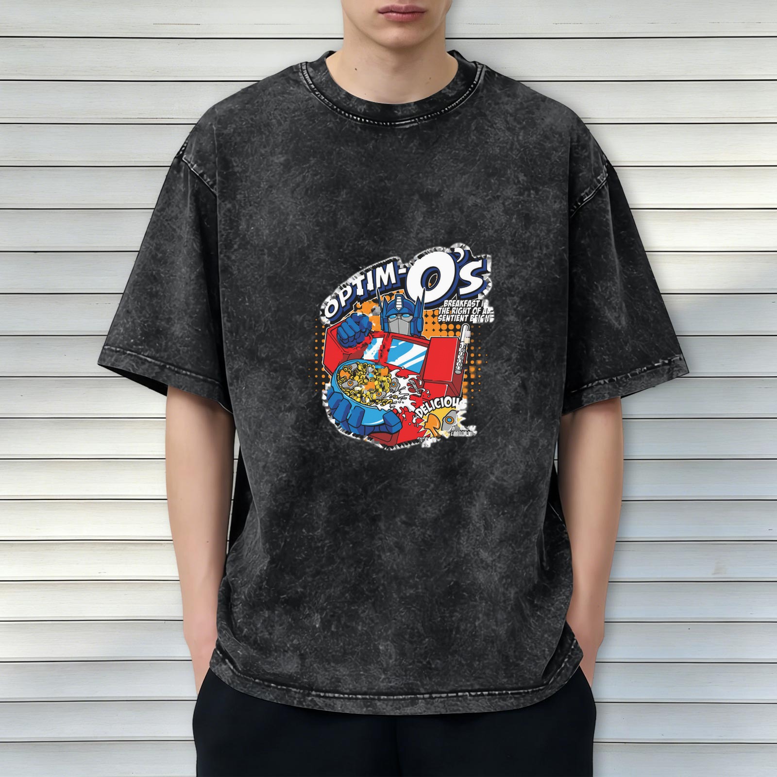 Washed Black T-Shirt with Optim-O's Transformers Graphic Print