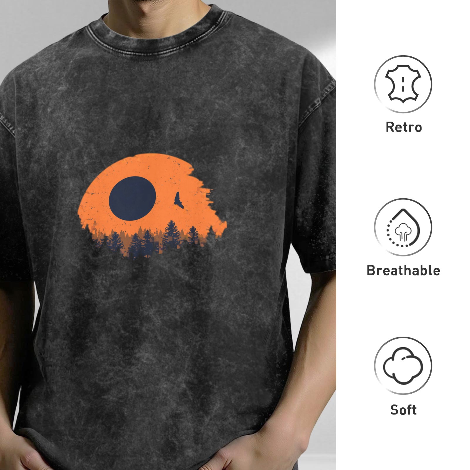Distressed washed black loose short-sleeved T-shirt with outdoor forest sunset bird pattern design