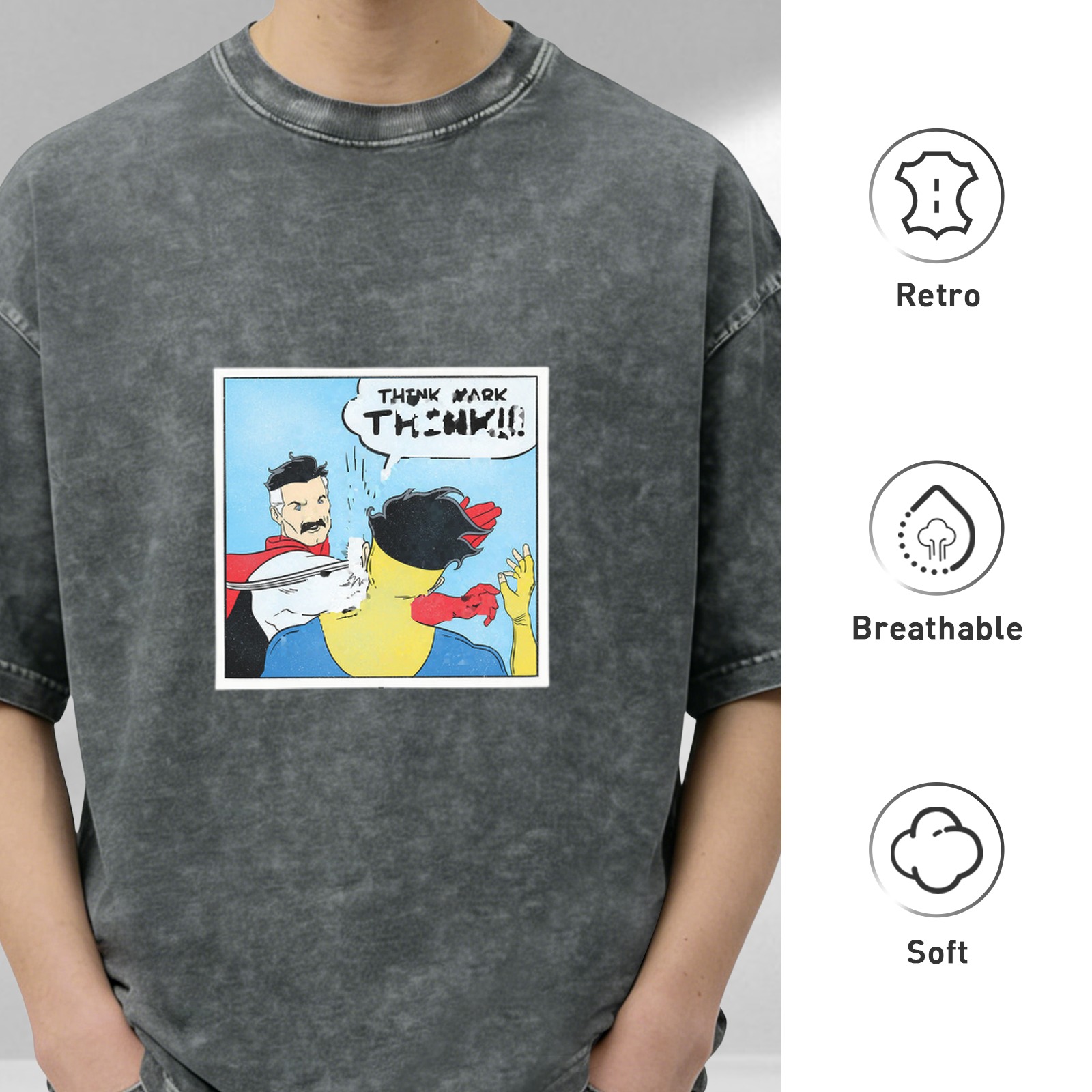 Oversized dark wash t-shirt with Invincible comic panel print