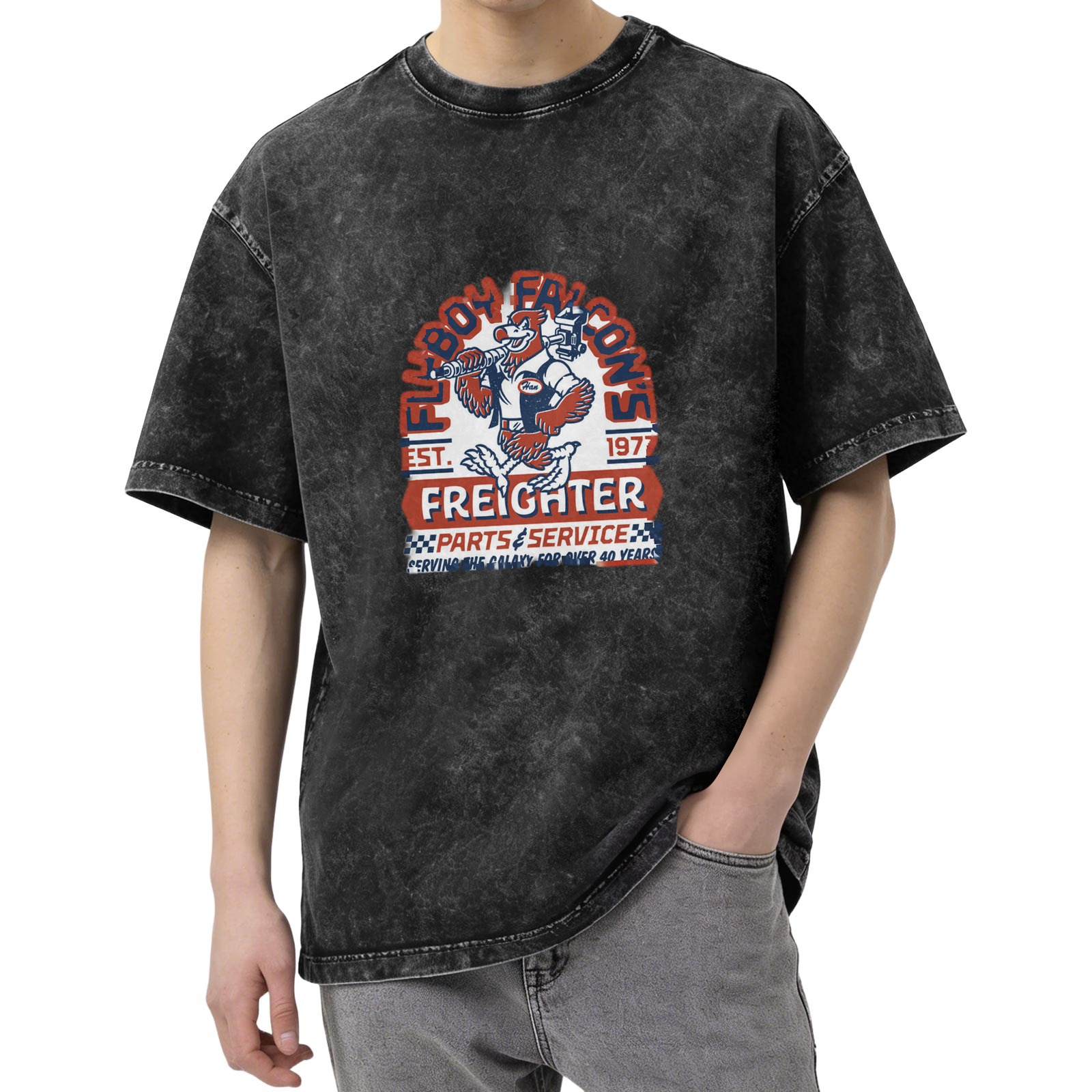 Washed Graphic T-Shirt with Falcon Freighter Parts Service Print