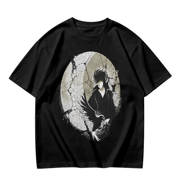 Olive T-shirt with Dark Anime Character and Raven Print