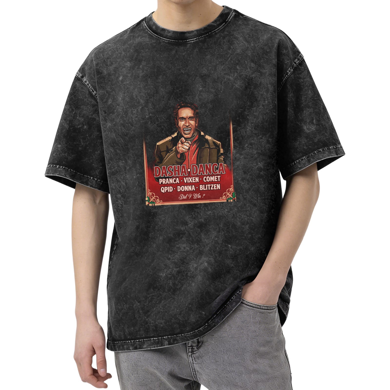 Oversized dark wash t-shirt with Dasha Danca reindeer names graphic