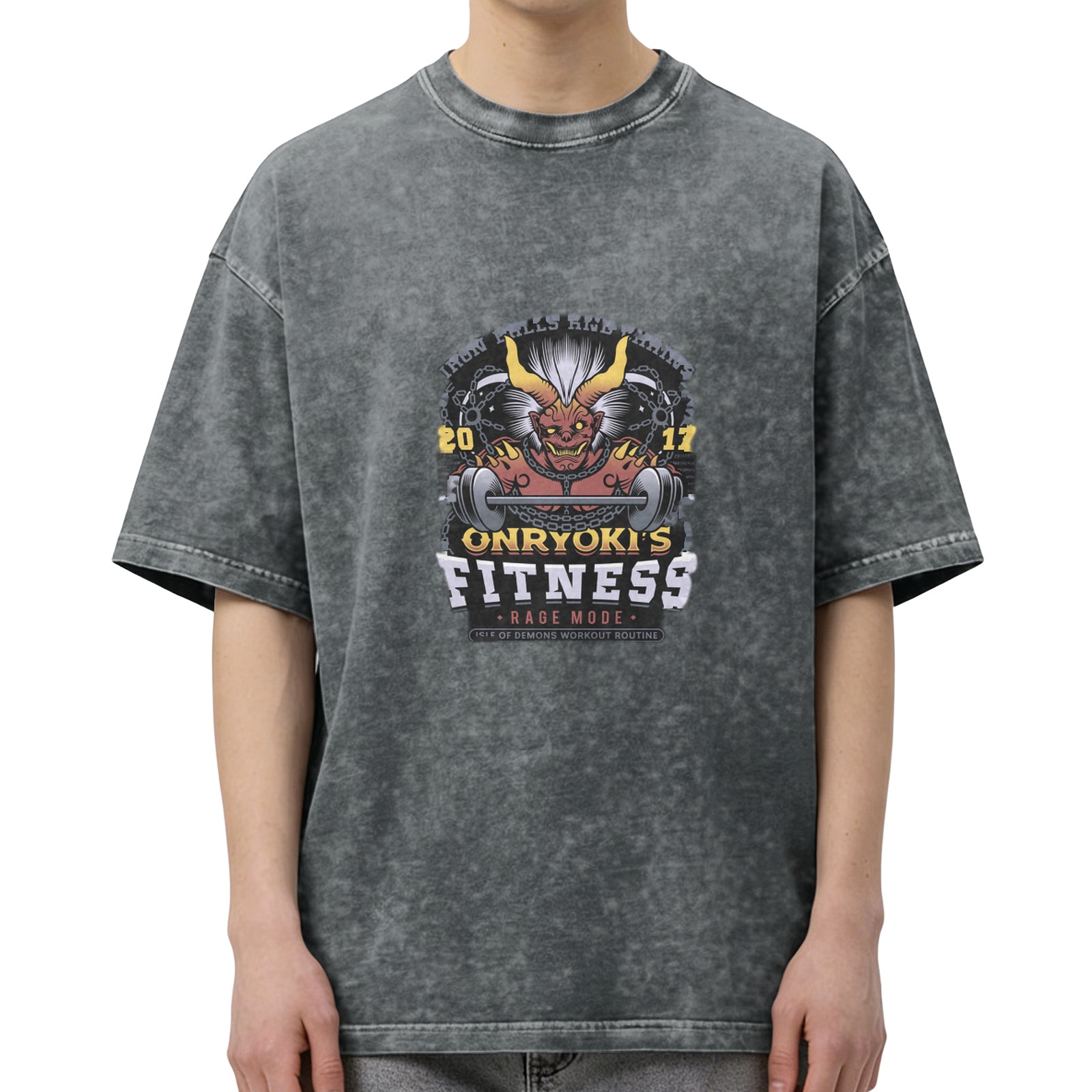 Oversized Acid Wash T-Shirt With Onryoki's Fitness Demon Print