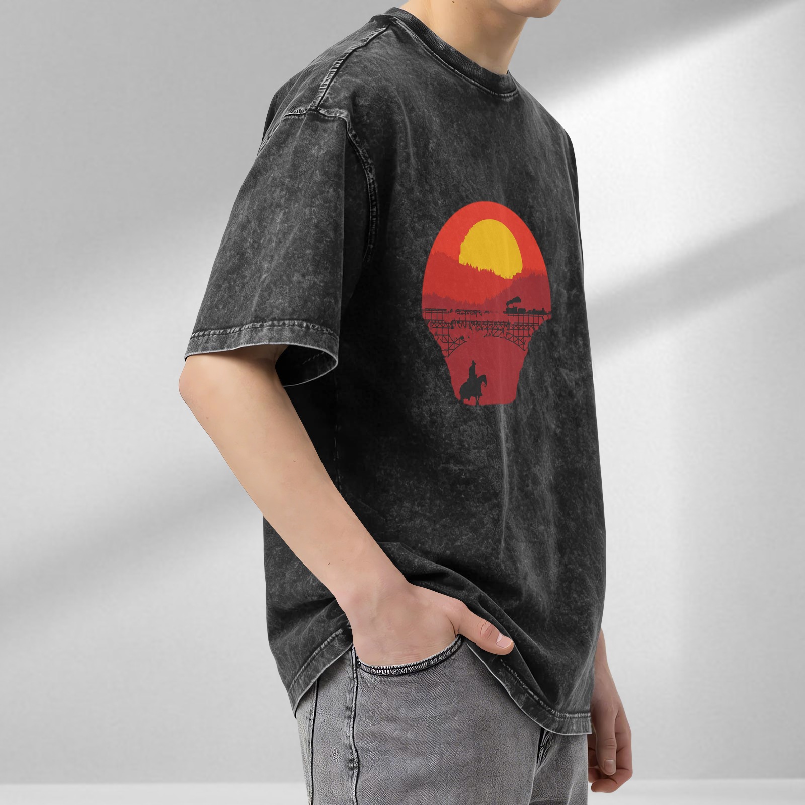 Washed Black T-Shirt with Western Sunset Cowboy and Train Graphic