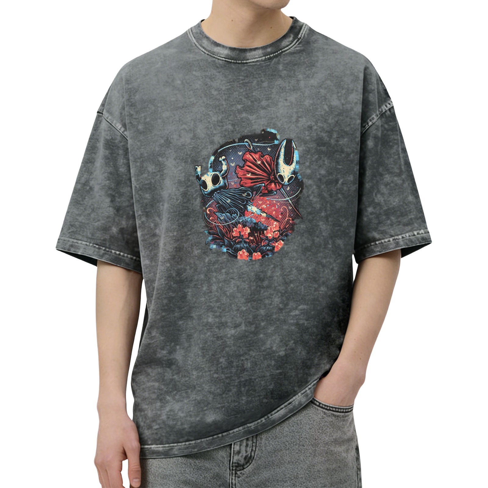 Hollow Knight Themed Dark Wash Graphic T-Shirt