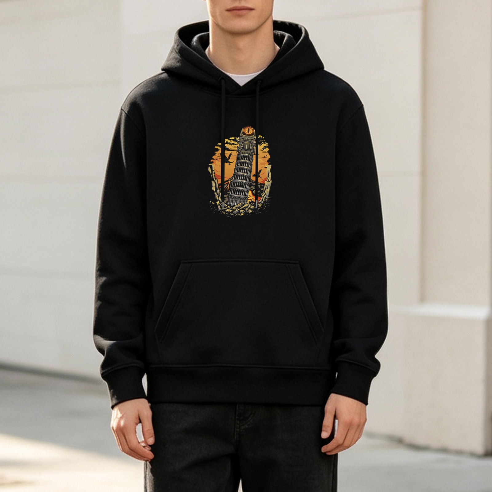 Black hoodie with leaning tower of Pisa sunset graphic