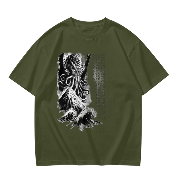 Olive T-shirt with Cthulhu and Wave Gothic Art Print