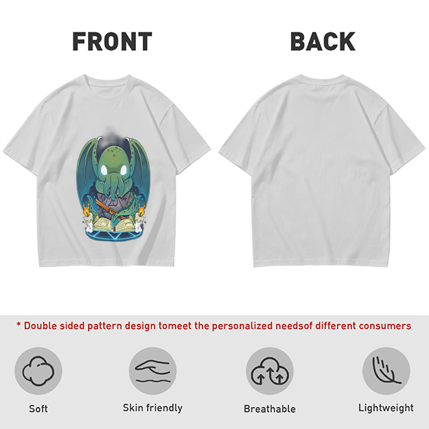 Olive T-shirt with Cute Cthulhu Reading Grimoire Print